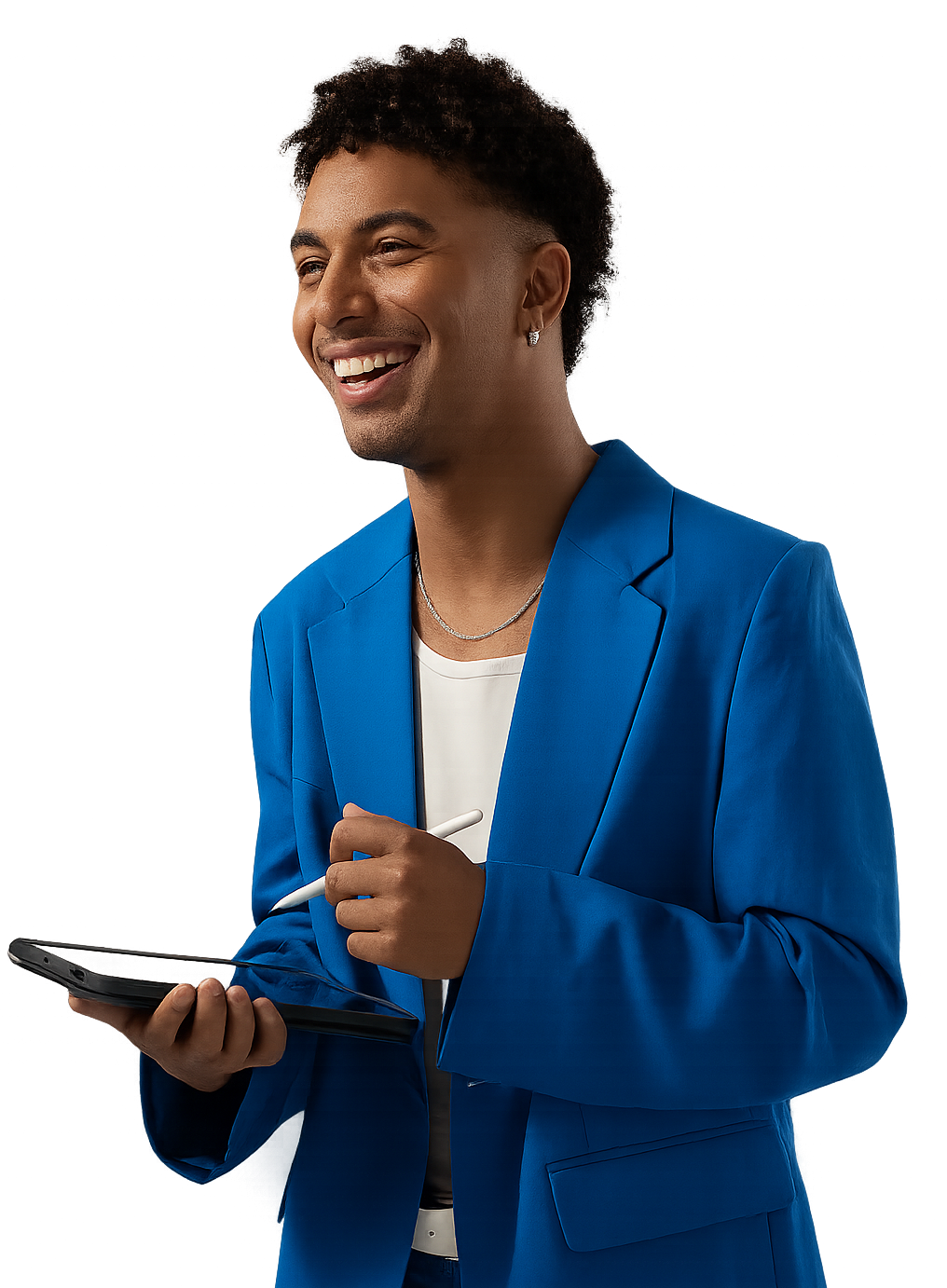 Professional man in blue suit holding tablet